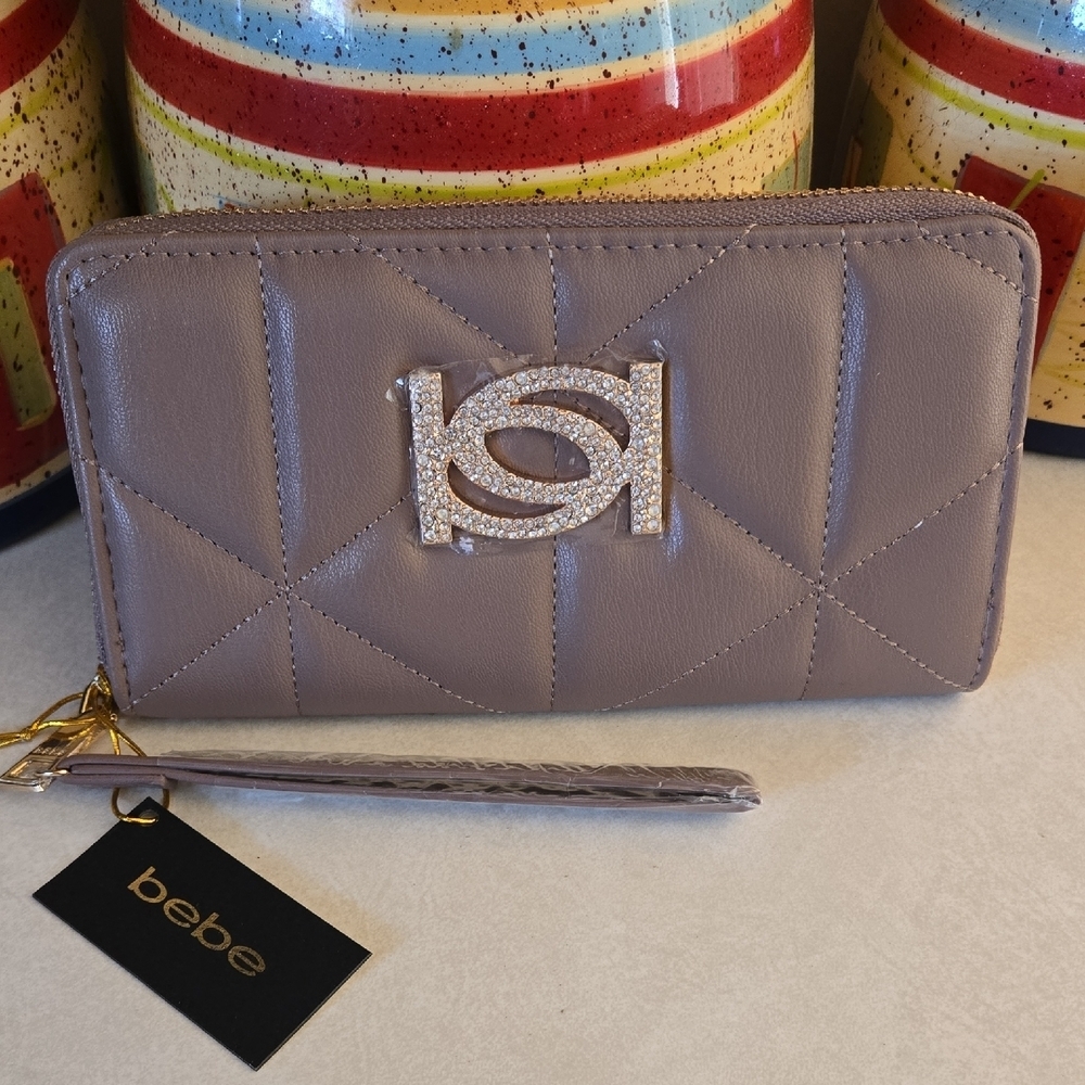 Bebe Quilted Light Taupe Leather Zip Wristlet with Rhinestone Logo